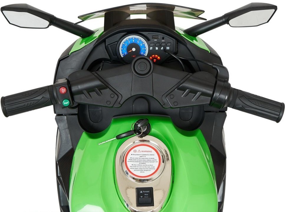 Детский электромотоцикл Kawasaki Ninja (12V, EVA, спидометр, ручка газа) (DLS07-GREEN)