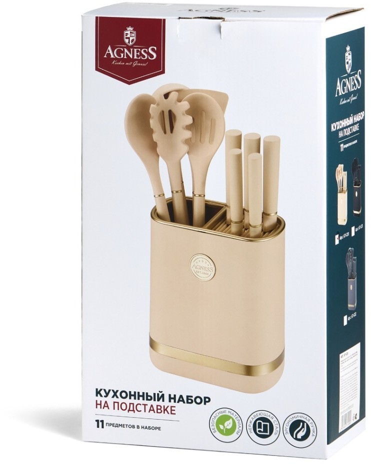 Набор agness из 11пр: 5 ножей,подставка,половник,ложка,лопатка,шумовка,ложка для спагетти (671-221)