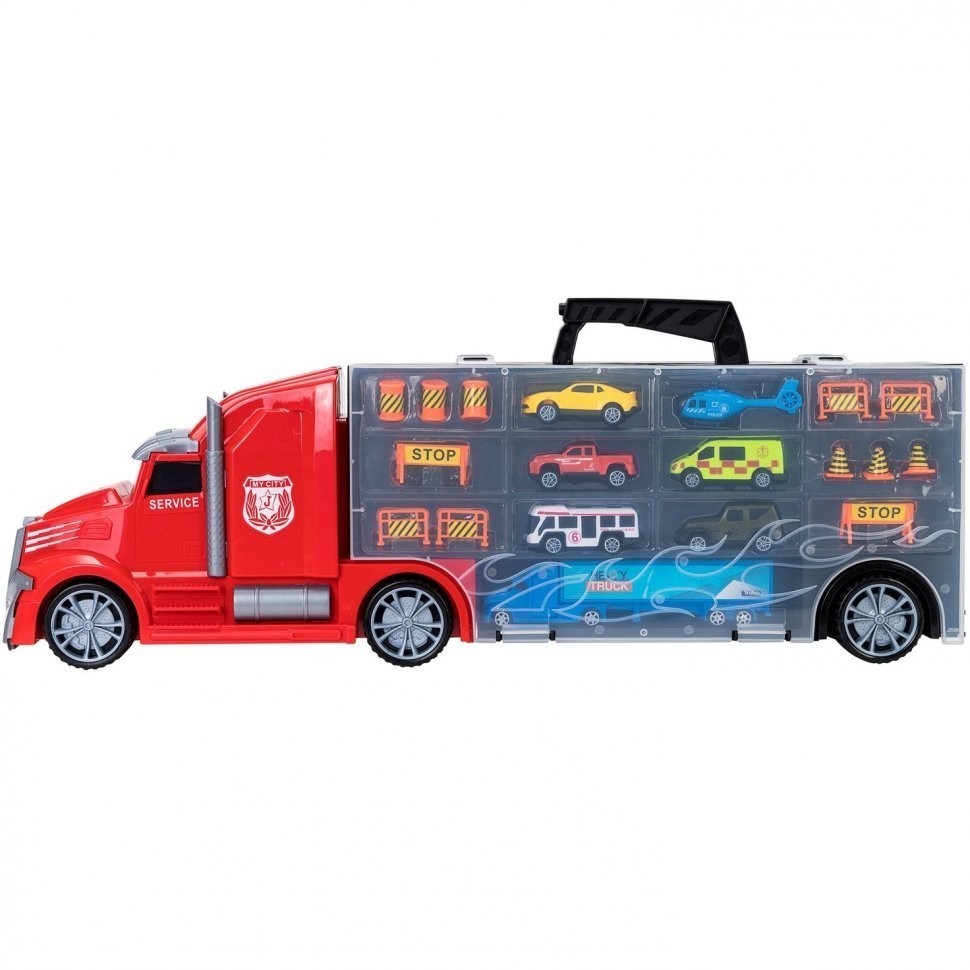Детская машинка серии "Мой город" (Автовоз - кейс 64 см, красный, с тоннелем. Набор из 4 машинок, 1 автобуса, 1 вертолета, 1 фуры и 12 дорожных знаков (G205-004)