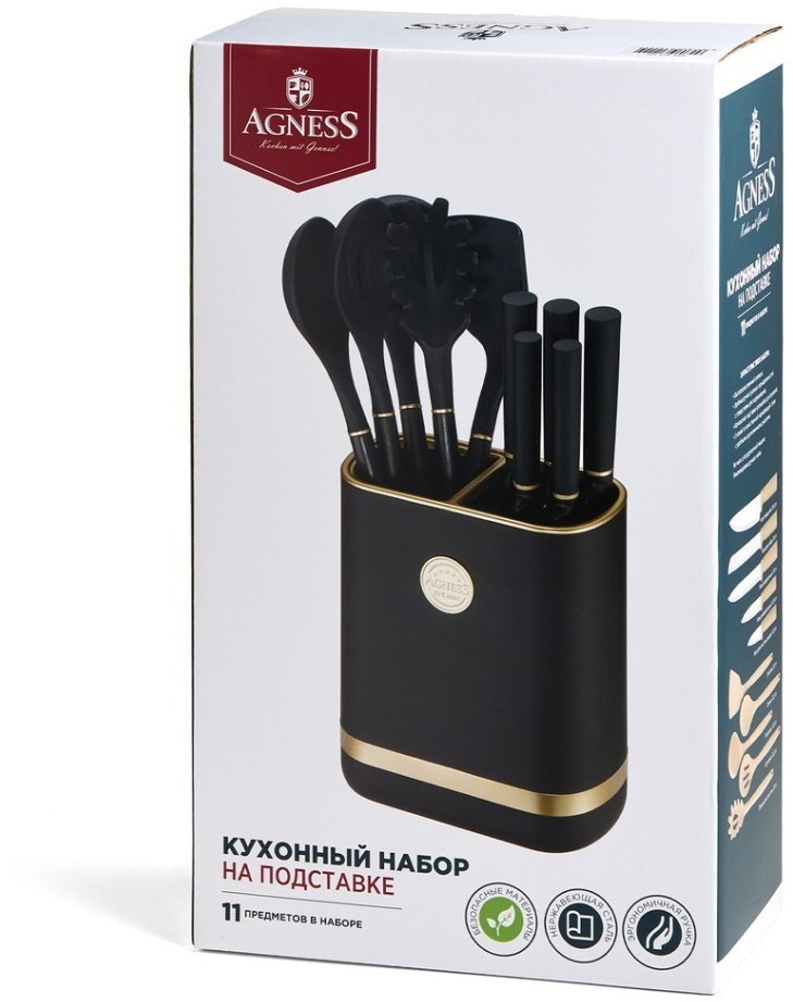 Набор agness из 11пр: 5 ножей,подставка,половник,ложка,лопатка,шумовка,ложка для спагетти (671-222)