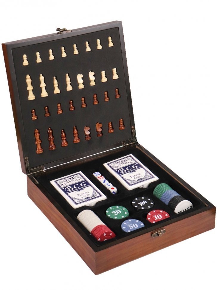 Комплект игр 2 в 1 в деревянном футляре (покер, шахматы), 24х24х7 см (47249)