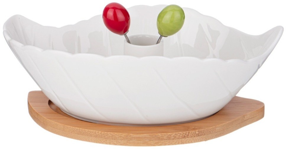 Салатник lefard "native" в форме листа 550 мл 22,3*13,5*6,9 см на дер.подставке 2 вилочки (кор=16наб (474-218)