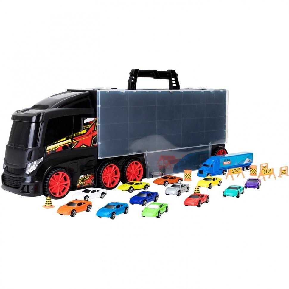Детская машинка серии "Мой город" (Автовоз - кейс 60 см, черный. Набор из 12 машинок, 1 фуры и 8 дорожных знаков) (G205-001)