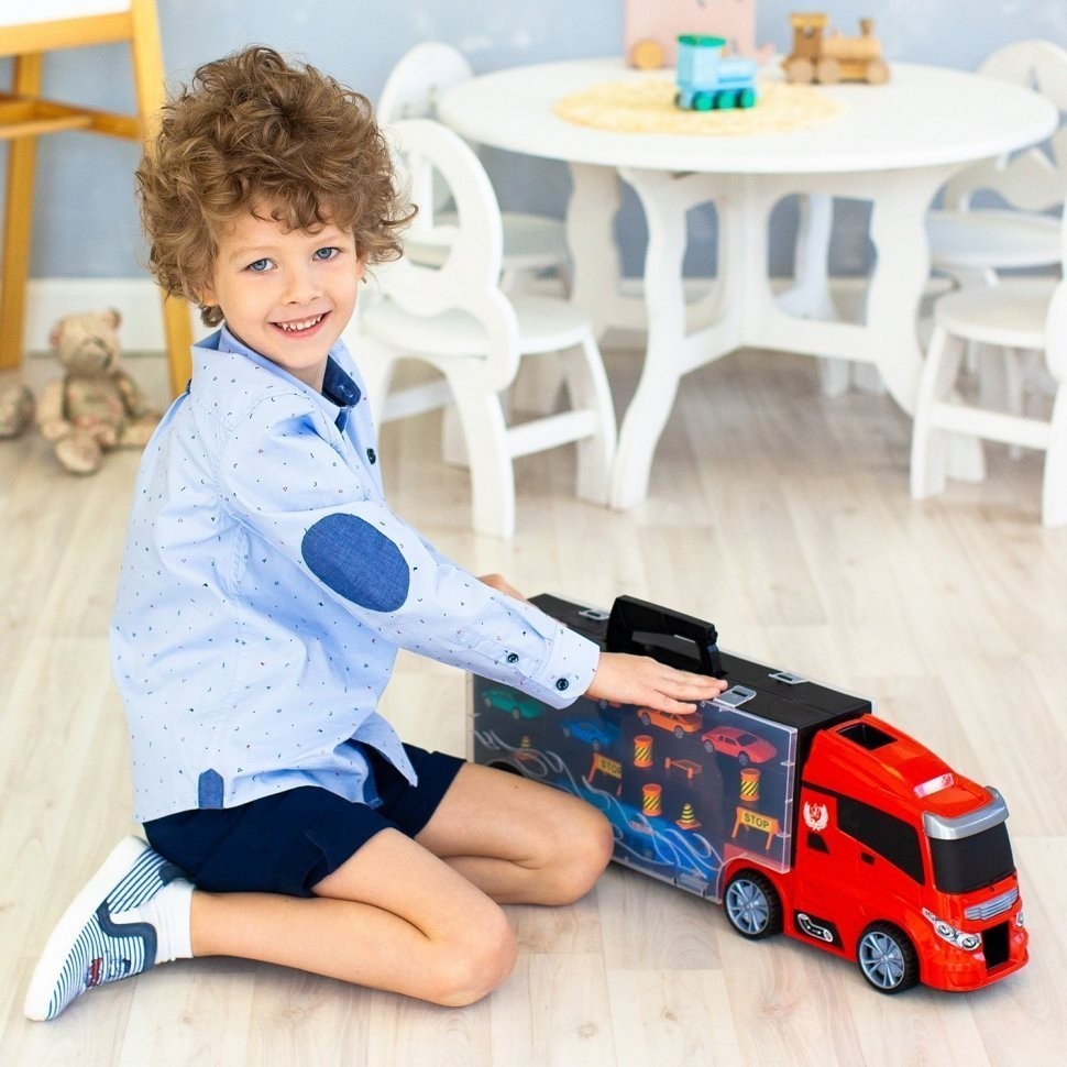 Детская машинка серии "Мой город" (Автовоз - кейс 59 см, красный, с тоннелем. Набор из 6 машинок, 1 фуры и 12 дорожных знаков) (G205-002)