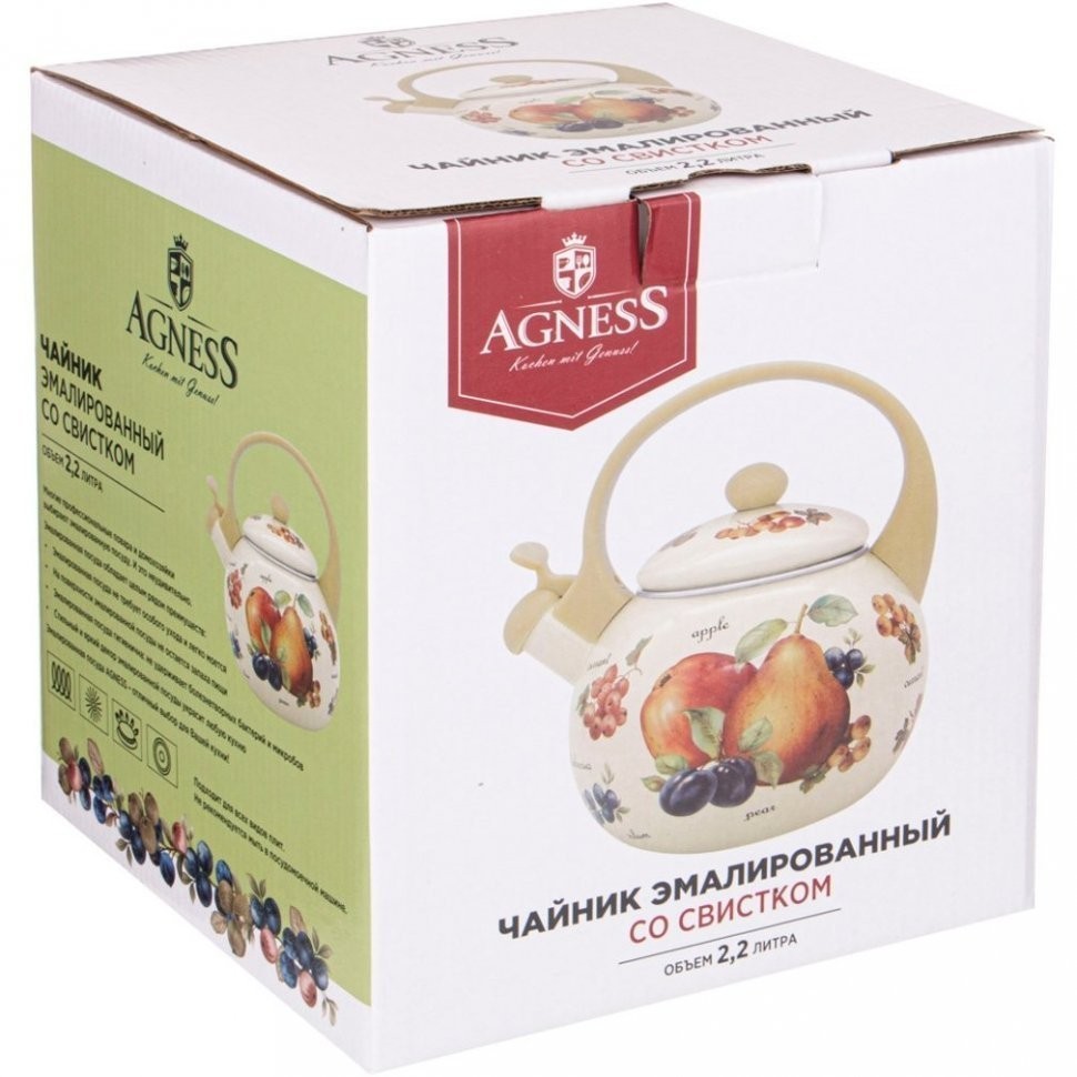 Чайник agness эмалированный со свистком, серия "прованс лимоны"2,2л, индукционное дно (934-384)