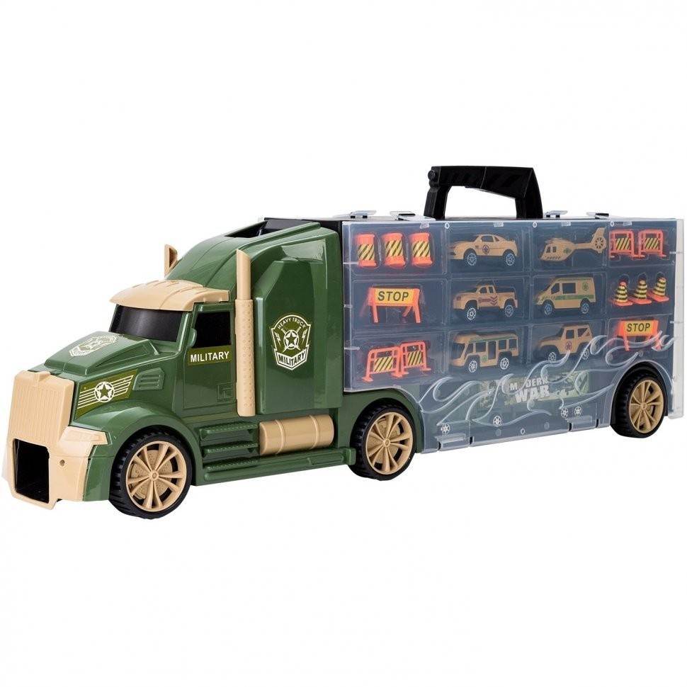Детская машинка серии "Милитари" (Автовоз - кейс 64 см, зеленый, с тоннелем. Набор из 4 машинок, 1 автобуса, 1 вертолета, 1 фуры и 12 дорожных знаков) (G205-007)