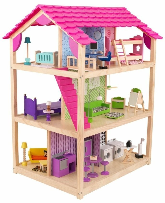 Деревянный кукольный домик "Самый роскошный", открытый на 360°, на колесиках, с мебелью 46 предметов в наборе, для кукол 30 см (65078_KE)