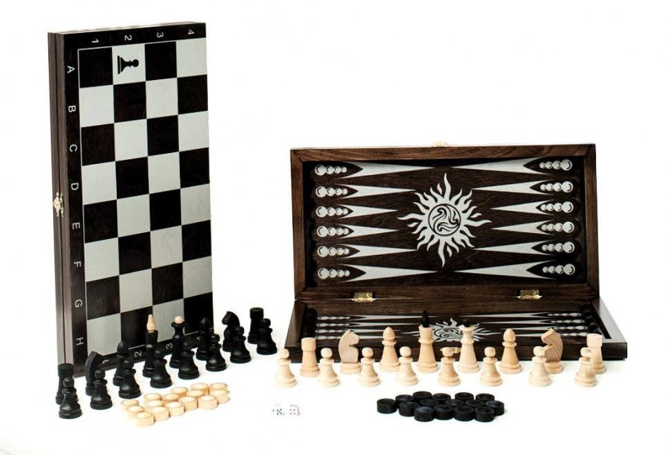 Игра 3в1 дорожная черная, рисунок серебро с обиходными деревянными шахматами "Объедовские" (нарды, ш (46254)