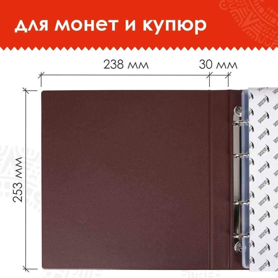Альбом нумизмата для 380 монет до 38 мм и купюр коричневый ОСТРОВ СОКРОВИЩ 237961 (93022)