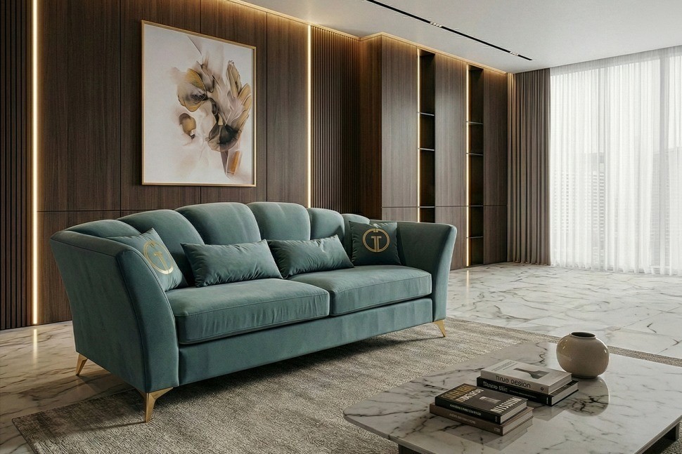 Диван Аннет(Annette) трехместный без мех,велюр бирюз.Colt1004/зол 250*100*95 (TT-00012928)