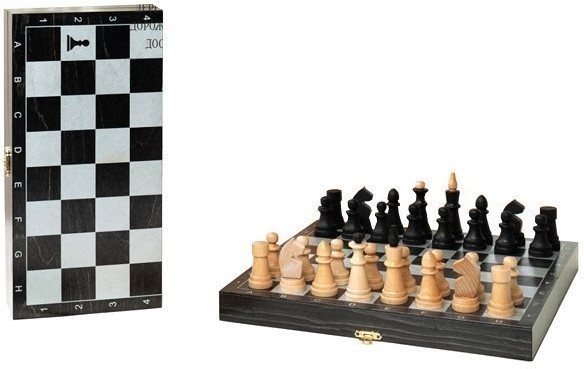 Шахматы обиходные деревянные "Объедовские" с дорожной деревянной черной доской, рисунок серебро "Кла (46171)