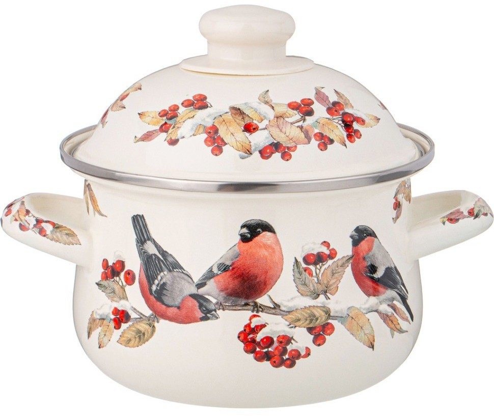 Кастрюля agness эмалированная с эмал.крышкой серия "снегири", 1.5 л, 16*10 см (934-730)