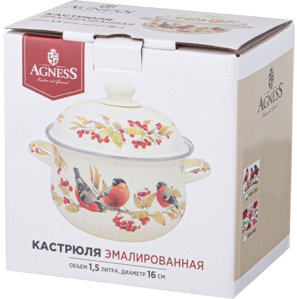 Кастрюля agness эмалированная с эмал.крышкой серия "снегири", 1.5 л, 16*10 см (934-730)