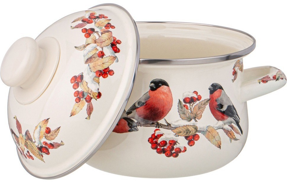 Кастрюля agness эмалированная с эмал.крышкой серия "снегири", 1.5 л, 16*10 см (934-730)