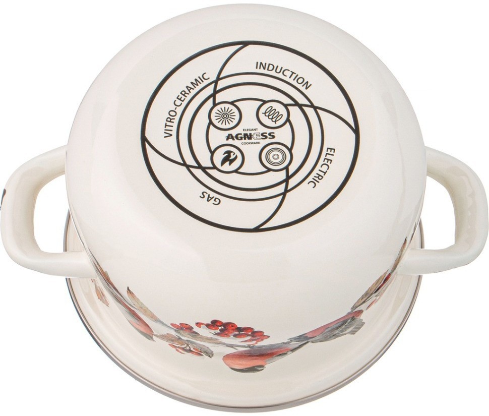 Кастрюля agness эмалированная с эмал.крышкой серия "снегири", 1.5 л, 16*10 см (934-730)