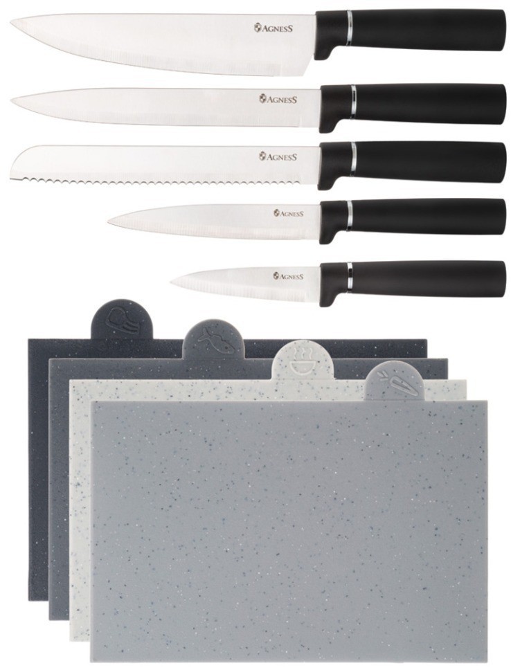 Набор из 10пр: 5 ножей, 4 доски и подставка цвет черный  agness (671-203)