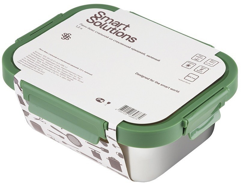 Ланч-бокс стальной со стеклянной крышкой, 1,2 л, зеленый (75159)